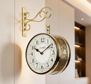 Click to see full view   VIDEO     3+ CRAFTEL Double Sided Station Wall Clock Multi-Layer Electroplated | Both Side English Numerals | Aluminum Matte-Finish Dial Metal Body | Dial - 8 Inches, Shiny Gold | 365 Days Warranty