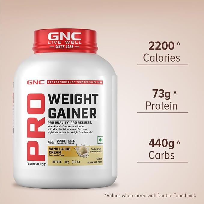 GNC Pro Performance Weight Gainer | 3kg | 73g Protein & 2200 Calories for Muscle Growth | 400g Carbs for Post-Workout Recovery | Reduces Muscle Breakdown & Boosts Endurance | Vanilla Ice Cream - Image 3